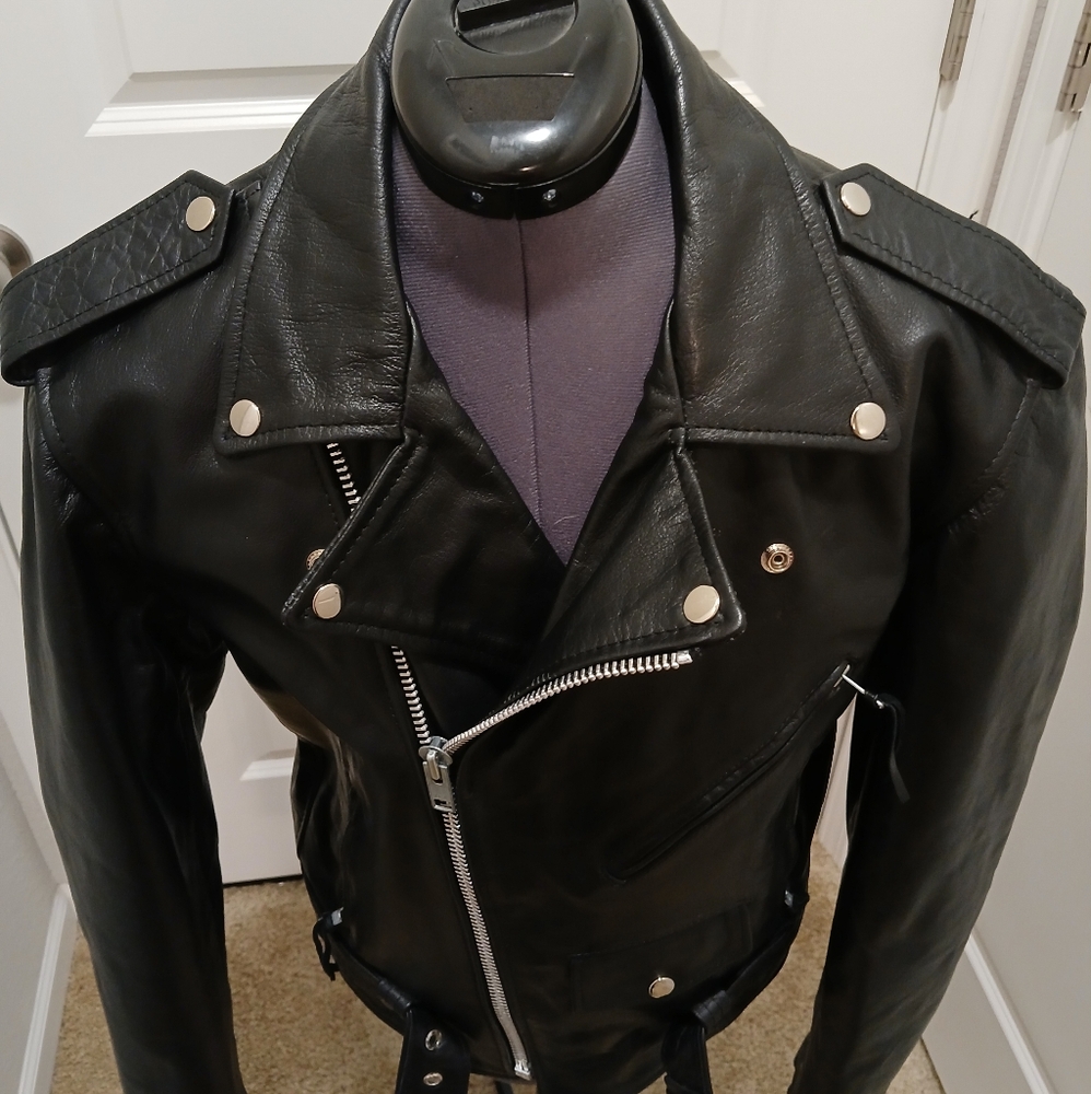 Unik Black‎ Leather Motorcycle Style Jacket - Picture 10 of 13